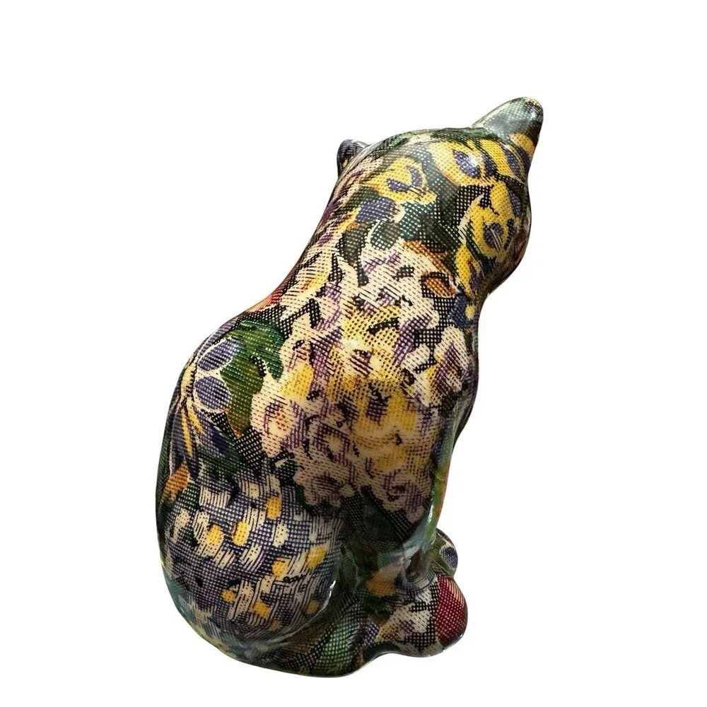 Vintage Decoupage Ceramic Cat Figurine Floral Patchwork Design 7”